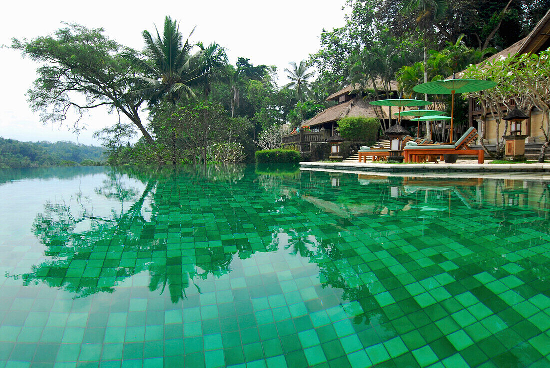 Deserted pool at Amandari Resort, Yeh Agung valley, Bali, Indonesia, Asia