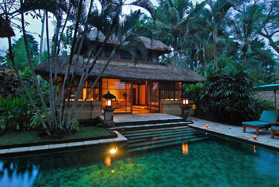 Pool in front of a bungalow at Amandari Resort in the evening, Yeh Agung valley, Bali, Indonesia, Asia