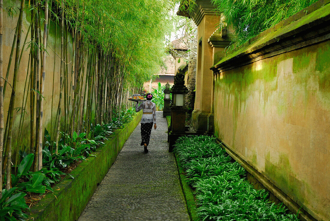 Eine Frau trägt eine Opfergabe durch eine schmale Gasse, Yeh Agung, Bali, Indonesien, Asien