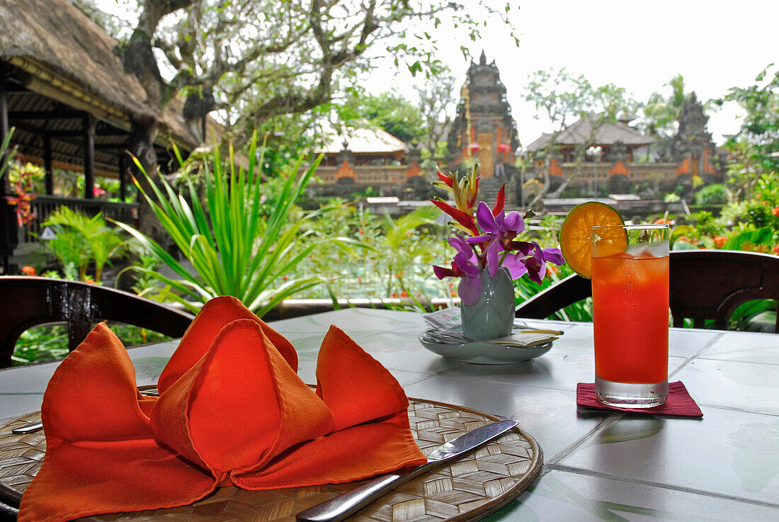 Cocktail on a table at Lotus Cafe, Ubud, Bali, Indonesia, Asia