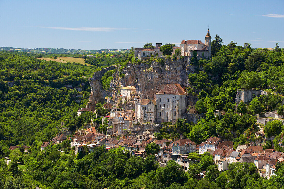 Blick auf Rocamadour, Jakobsweg, Chemins de Saint-Jacques, Via Podiensis, Dept. Lot, Région Midi-Pyrénées, Frankreich, Europa