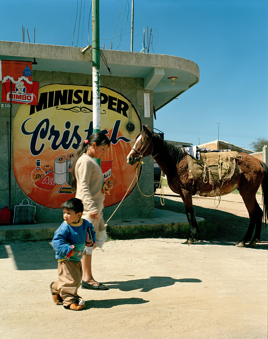 People and a horse in front of a small shop at the village of Santiago Zautla, Puebla province, Mexico, America