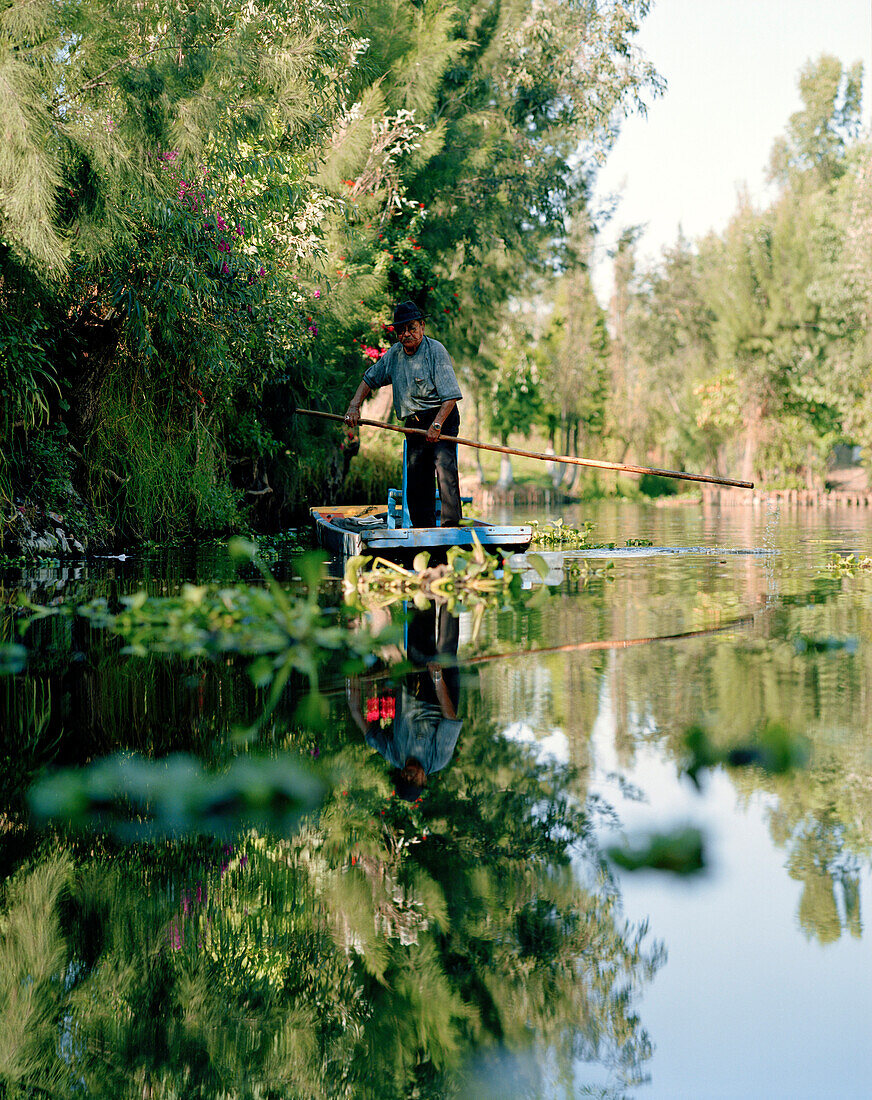 A man in a boat between swimming islands, Canales Embarcadero, Xochimilco, Mexico, America
