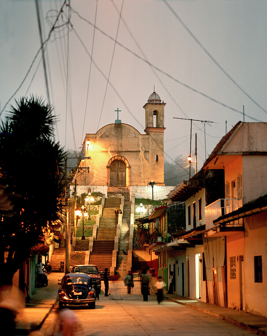 View at the church of the village Ixtuacan de los Reyes in the evening, Veracruz province, Mexico, America