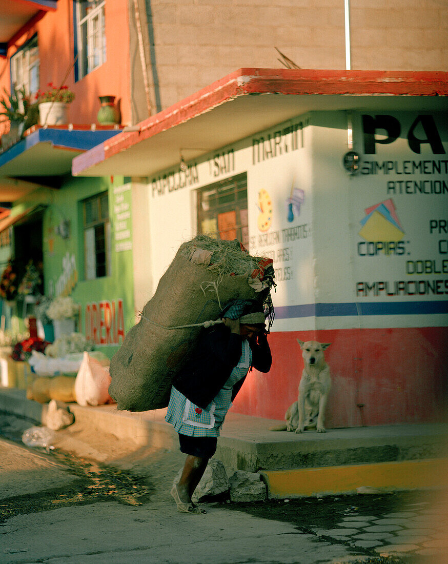 Frau trägt schwere Last über eine Dorfstraße, Santiago Zautla, Provinz Puebla, Mexico, Amerika