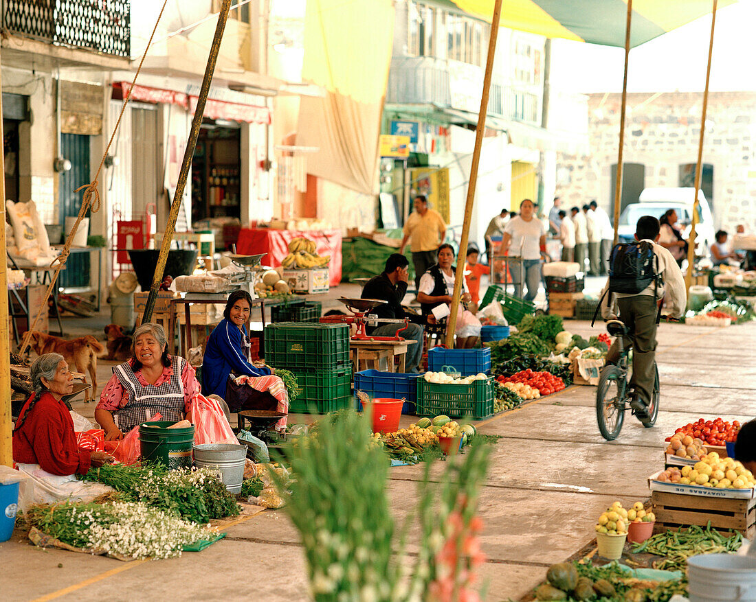 Bäuerinnen verkaufen Blumen und Gemüse auf dem Markt im Dorf San Nicolas los Ranchos, Provinz Puebla, Mexico, Amerika