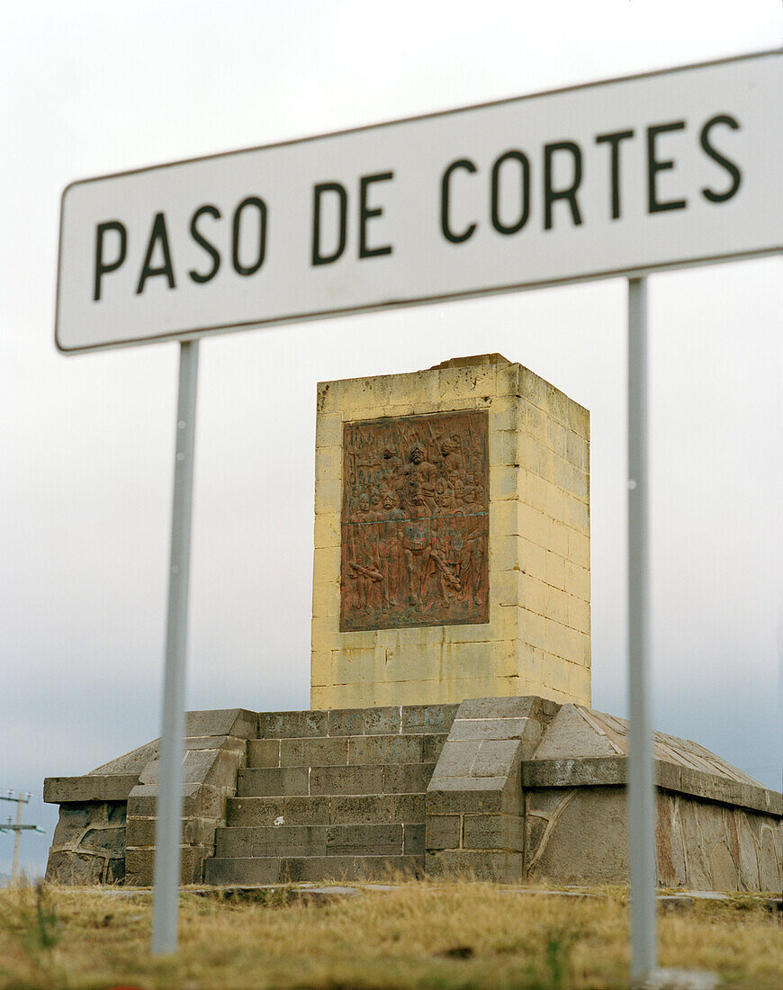 Monument at Cortes Pass under clouded sky, Izta Popo Zoquiapan National Park, Mexico province, Mexico, America