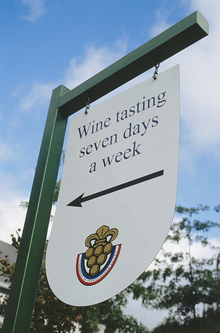 Schild bei dem Wein Informationszentrum, Franschhoek, Westkap, Südafrika, Afrika