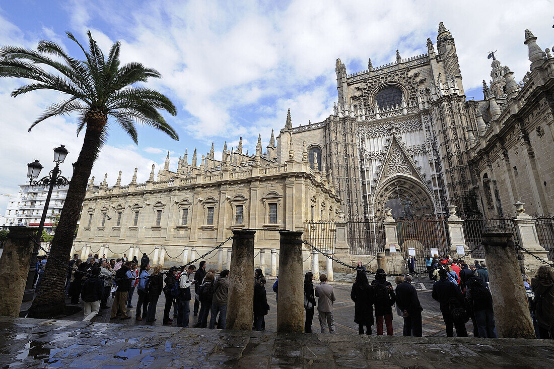 Andalucia, Andalusien, Architektur, Aussen, Dom, Draussen, Europa, Farbe, Fassade, Fassaden, Gebäude, Großtadtlandschaft, Großtadtlandschaften, Kathedrale, Kathedralen, Kirche, Kirchen, Kunst, Länder, Mensch, Menschen, Palme, Palmen, Platz, Plätze, Plätze