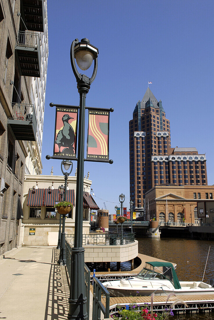 River Walk along the Milwaukee River in the city of Milwaukee Wisconsin. USA