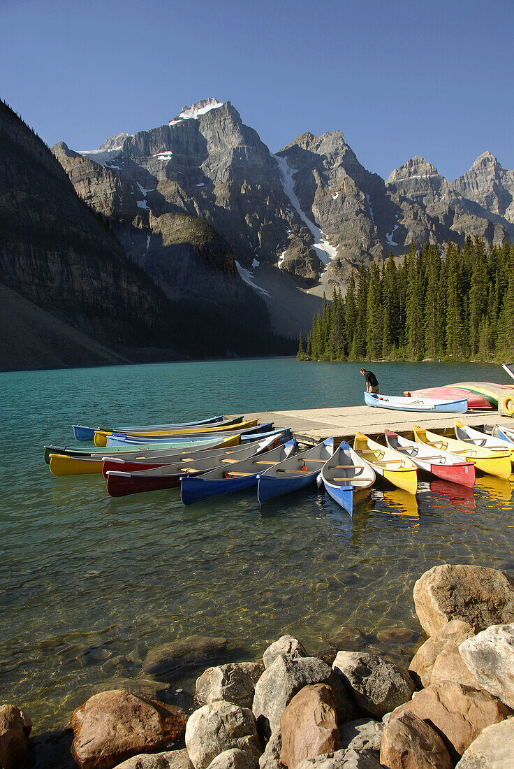 Colorful Rental Canoes at Moraine Lake Banff National Park Alberta Canada Canadian Rockies Canadian Rocky Mountains