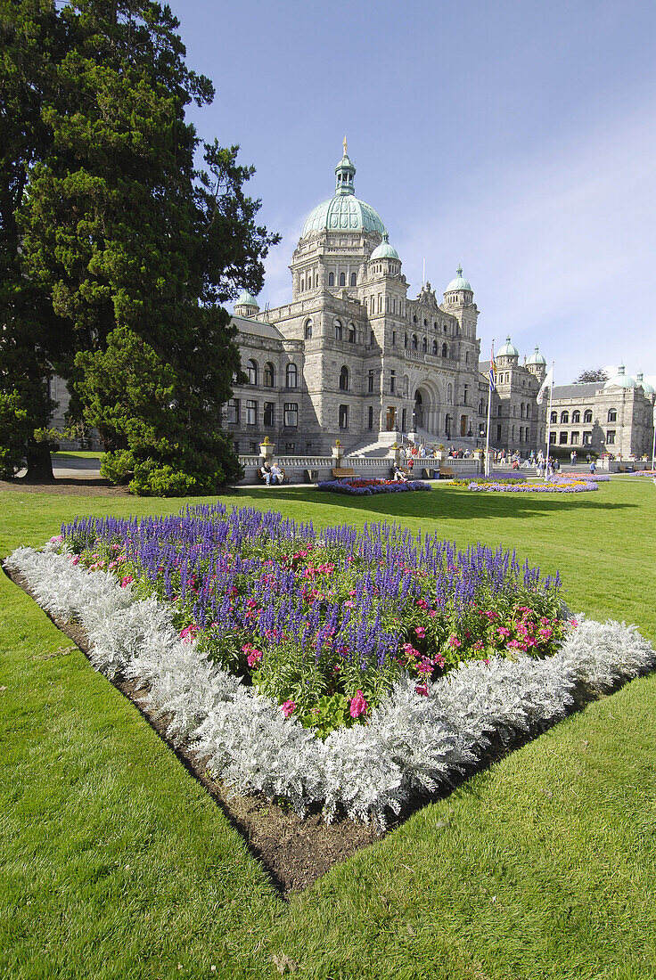 Flower Gardens in front of Parliament Buildings Legislative Assembly Victoria British Columbia BC Canada government law rules building neo-baroque design architect Francis Rattenbury