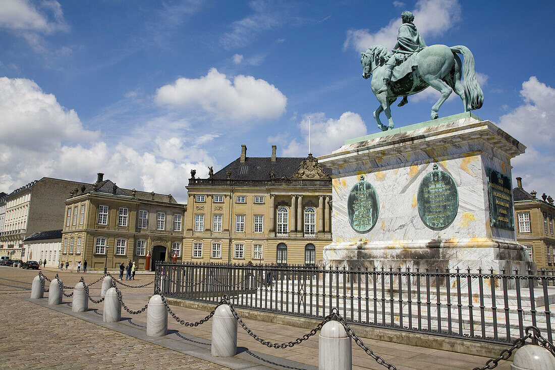 Equestrian statue of King Frederik at the Amalienborg Palace, the winter residence of the Danish royal family. Copenhagen. Denmark