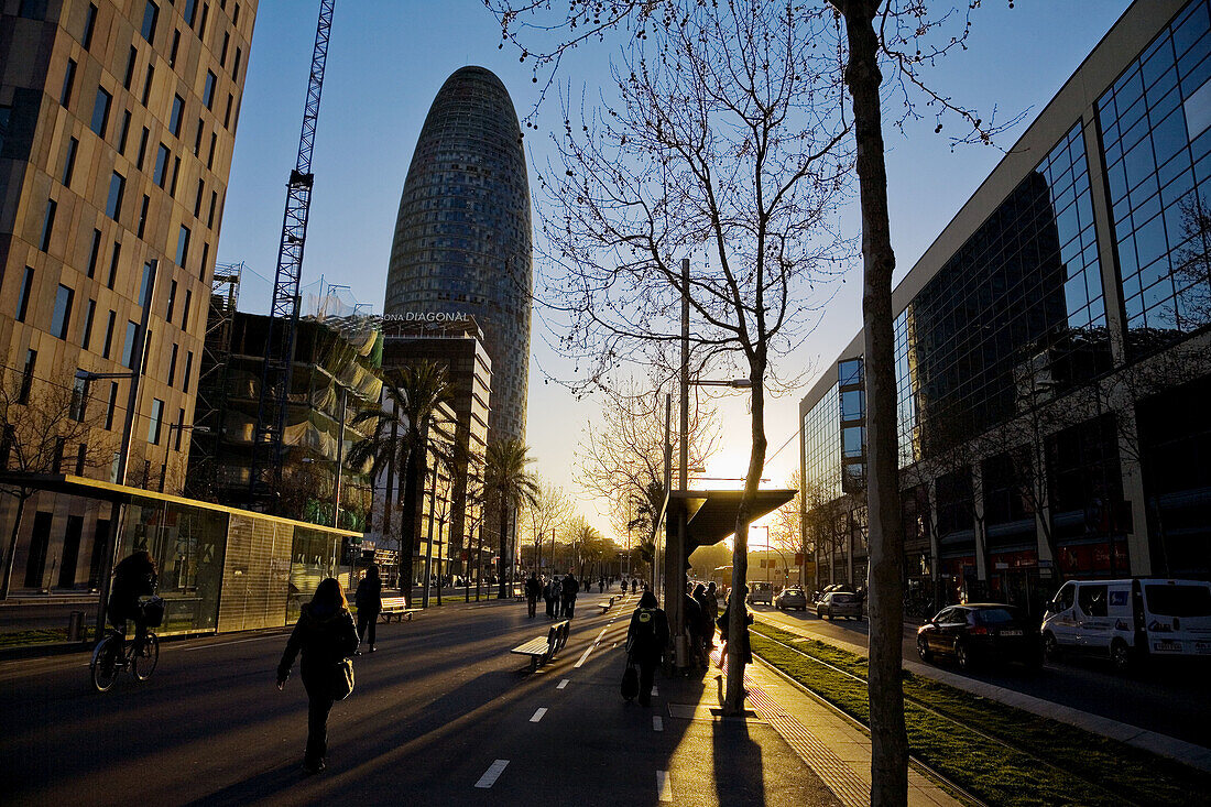 Avinguda Diagonal at dusk. Glories Shopping Center and Agbar Tower by Jean Nouvel. Barcelona. Catalonia. Spain