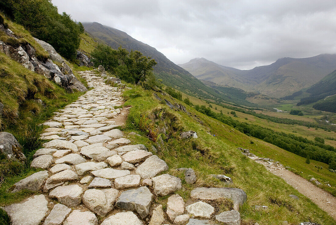 The lower portion of the walking trail up to Ben Nevis, the highest peak (Munro) in Scotland at 1344 meters
