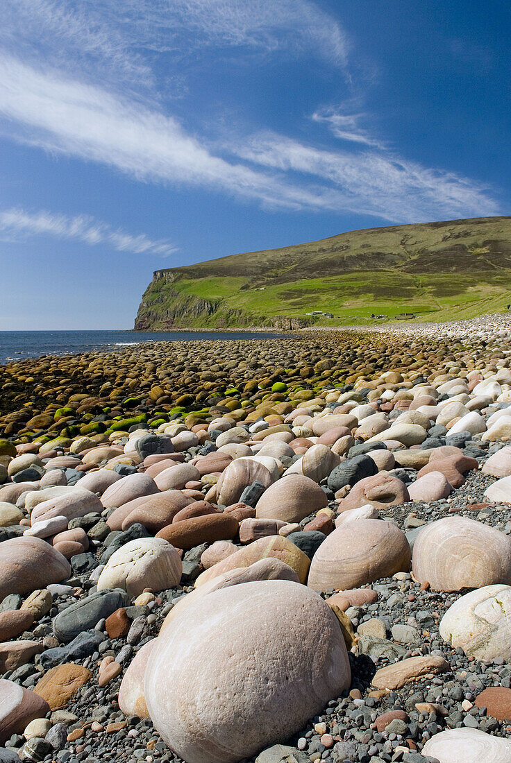Giant rounded cobblestones lining the beach at Rackwick Isle of Hoy, Orkney Islands Scotland