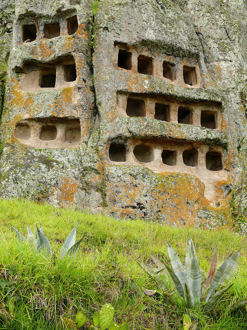 Detail of 'Little Windows', funerary niches carved into the rock wall, Otuzco, Peru