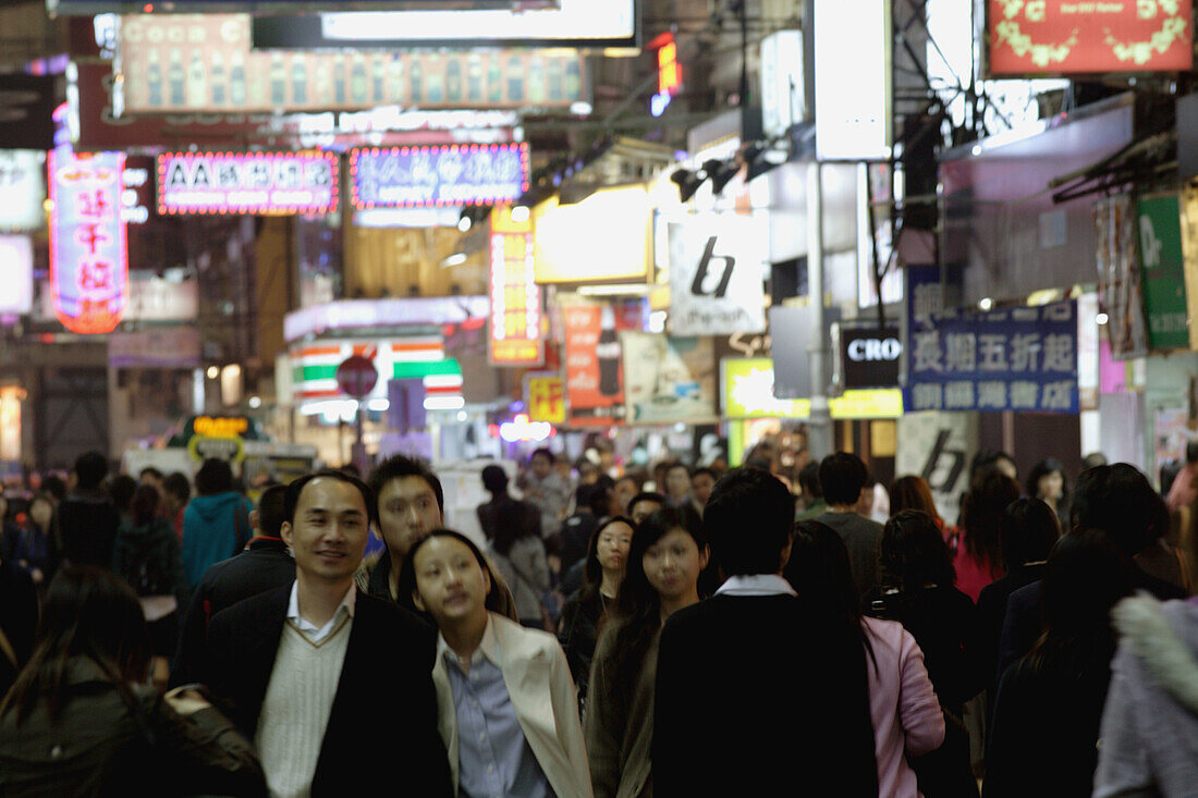 Crowded street in the night in Wanchai, Hong Kong Island, Hong Kong, VR China, East Asia