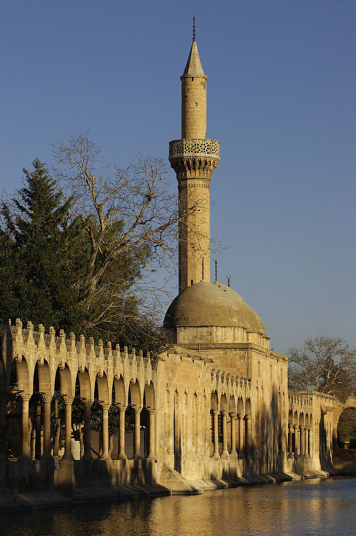 Rizvaniye Vakfi Camii mosque and Medressa next to Balikli Göl pond (Gölbasi). Sanliurfa. Southeast Anatolia. Turkey.