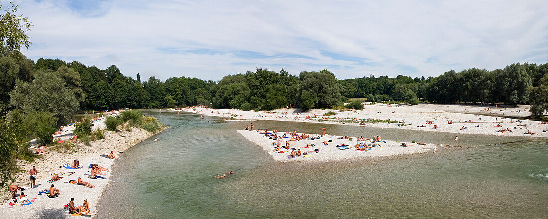 Bathing people at Isar river in Munich, Flaucher, Bavaria, Germany