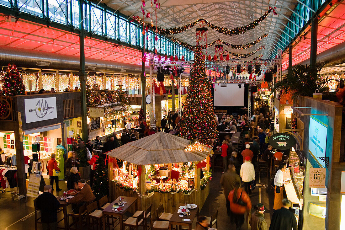 Market Hall Schrannenhalle with christmas decoration, Munich, Upper Bavaria, Germany