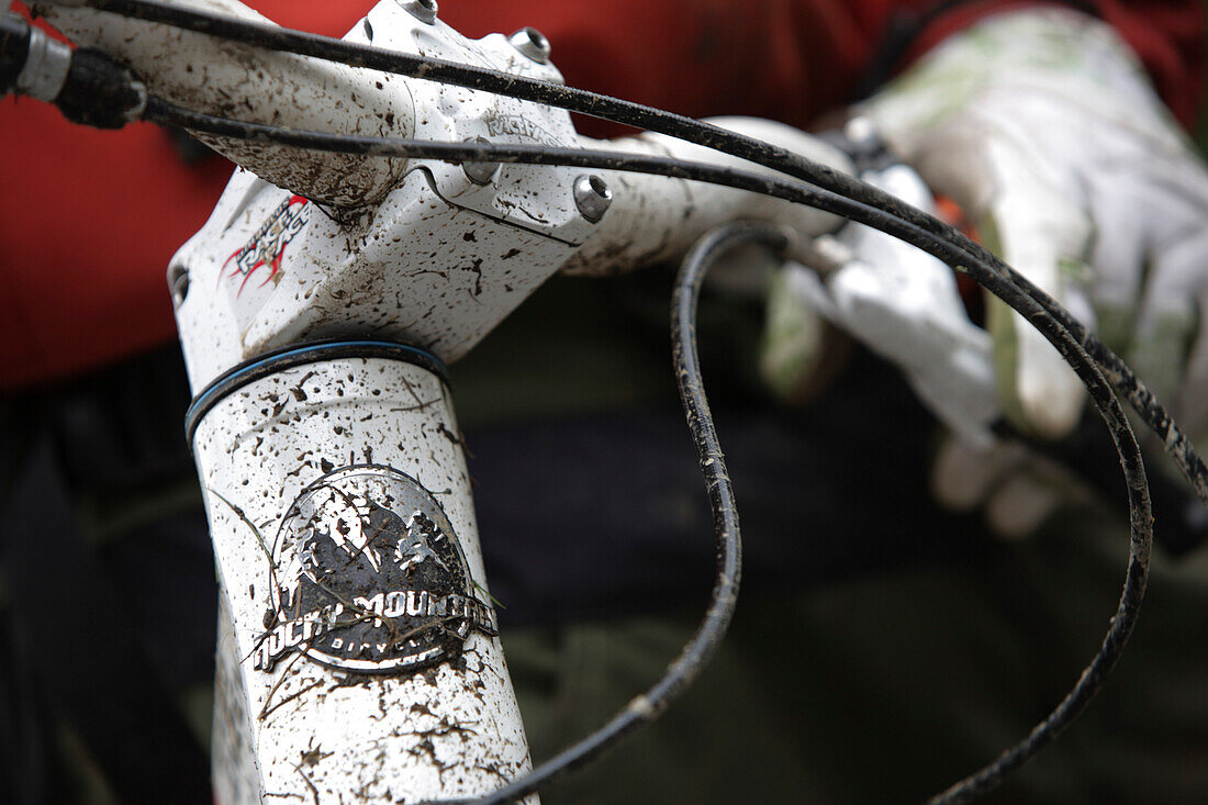 Close-up of a dirty mountainbike handlebar, Ischgl, Tyrol, Austria