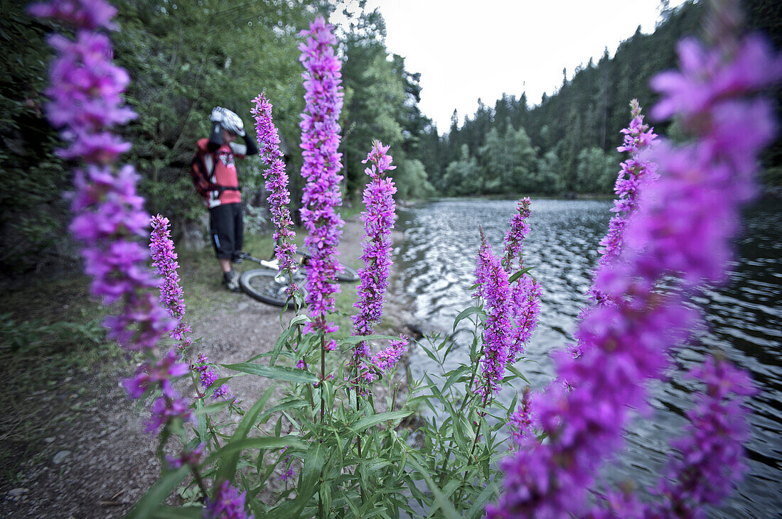 Mountainbiker macht eine Pause am Fluss, Lillehammer, Norwegen