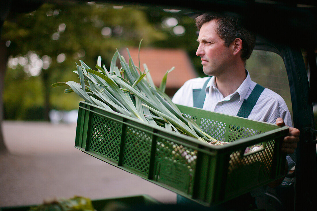 Farmer holding box with green onions, biological dynamic (bio-dynamic) farming, Demeter, Lower Saxony, Germany