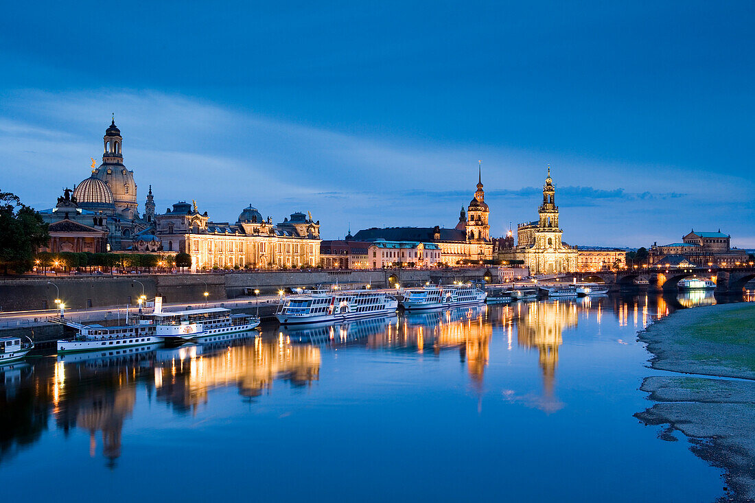 View over river Elbe to Bruhl's Terrace, Dresden University of Visual Arts, Dresden Castle, Standehaus, Katholische Hofkirche and Semperoper, Dresden, Saxony, Germany