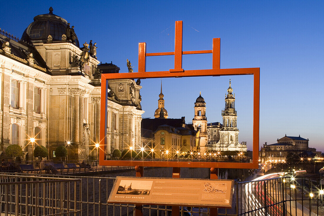 Brühlsche Terrasse mit Akademie der Künste, Ständehaus, Hofkirche und Semperoper, Dresden, Sachsen, Deutschland