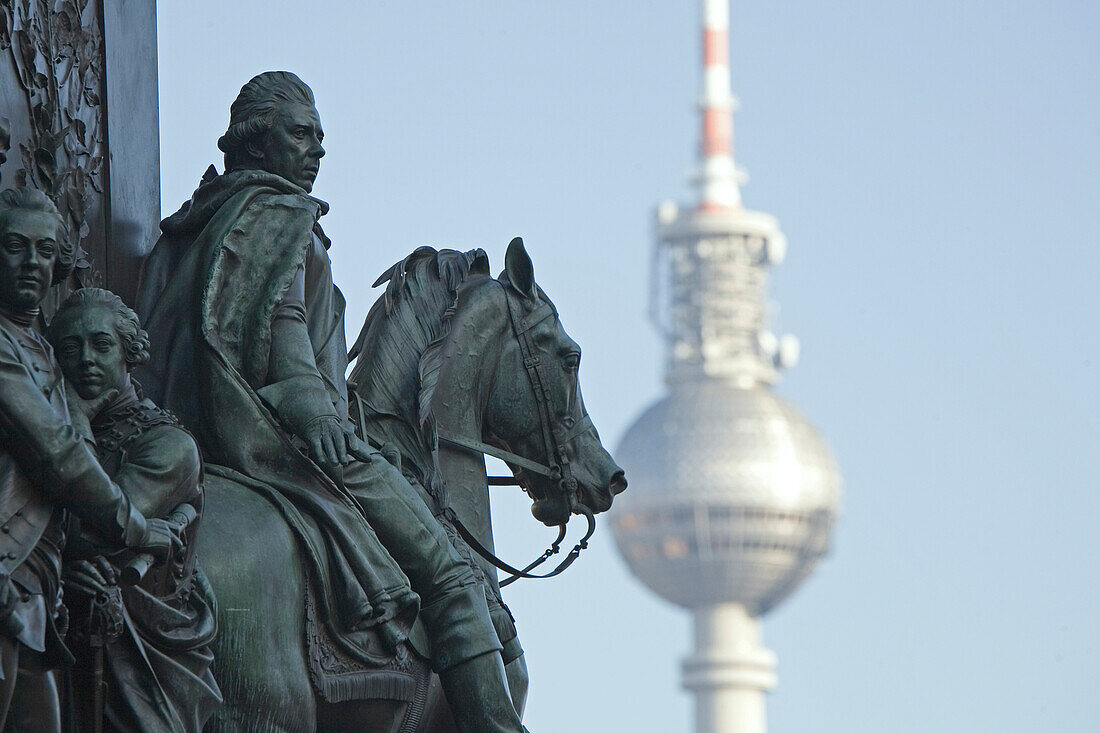 equestrian statue, memorial, Alter Fritz, Frederik the Great, with the Alex Television tower, Berlin Germany