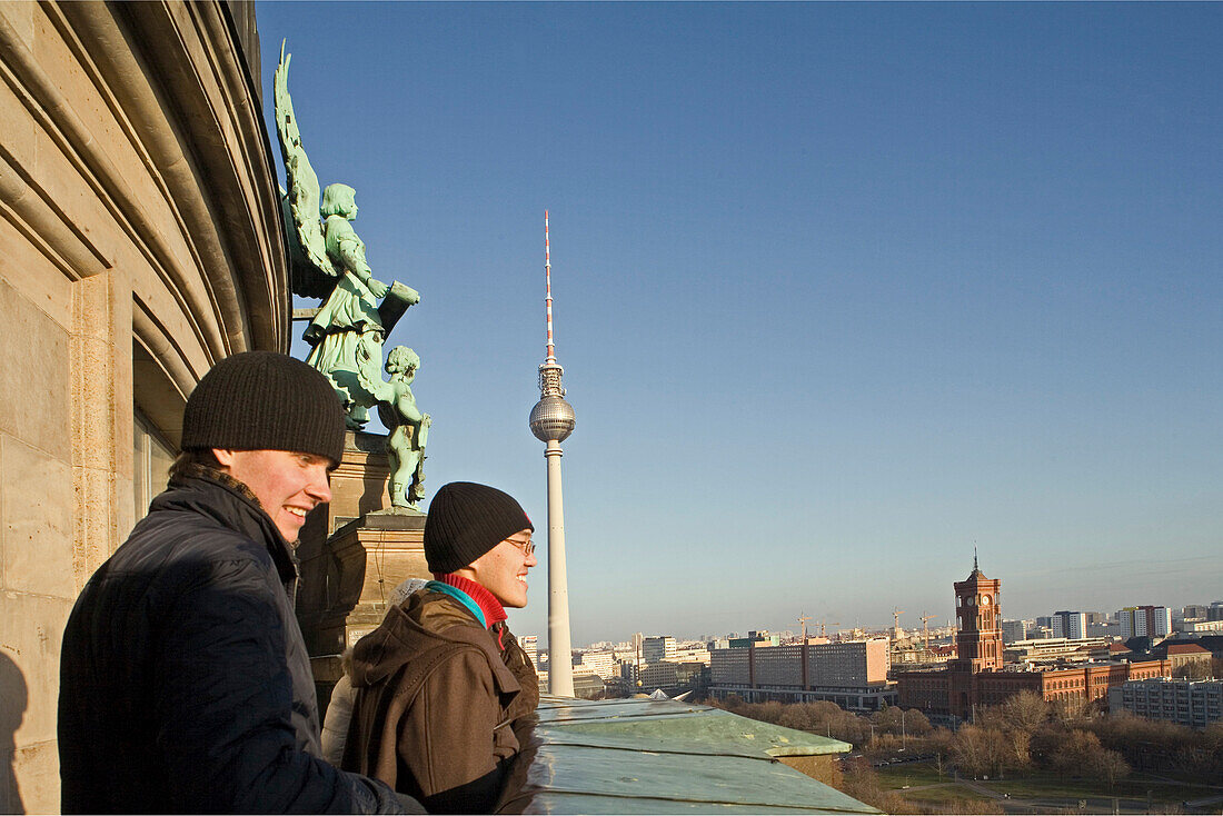 visitors, outer walkway of the Berliner Dom, views of TV tower Alex and Rotes Rathaus, Berlin Germany