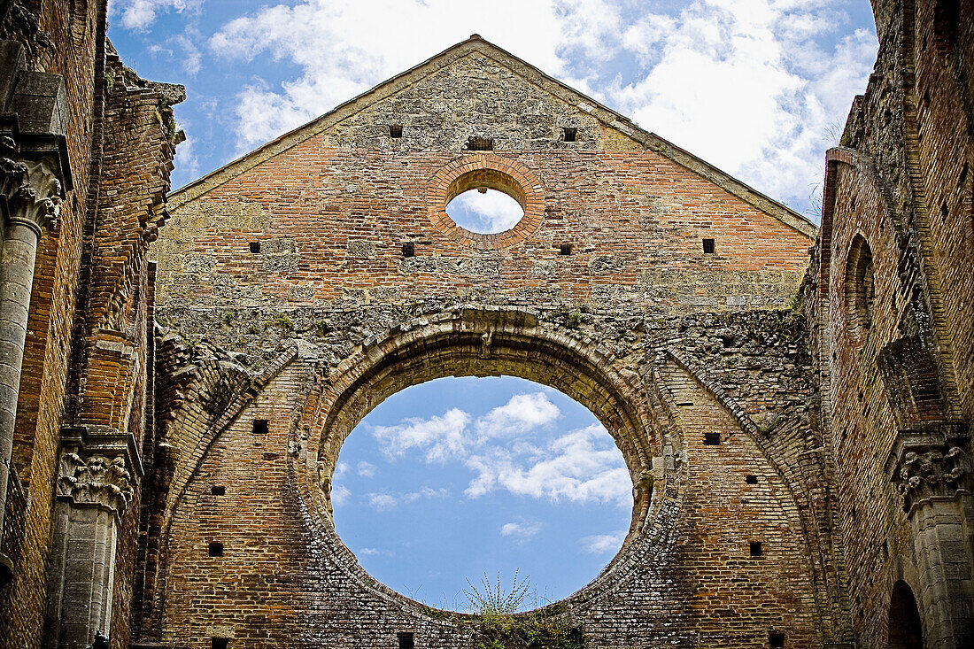 Ruins of the Gothic Abbey of San Galgano. Tuscany, Italy