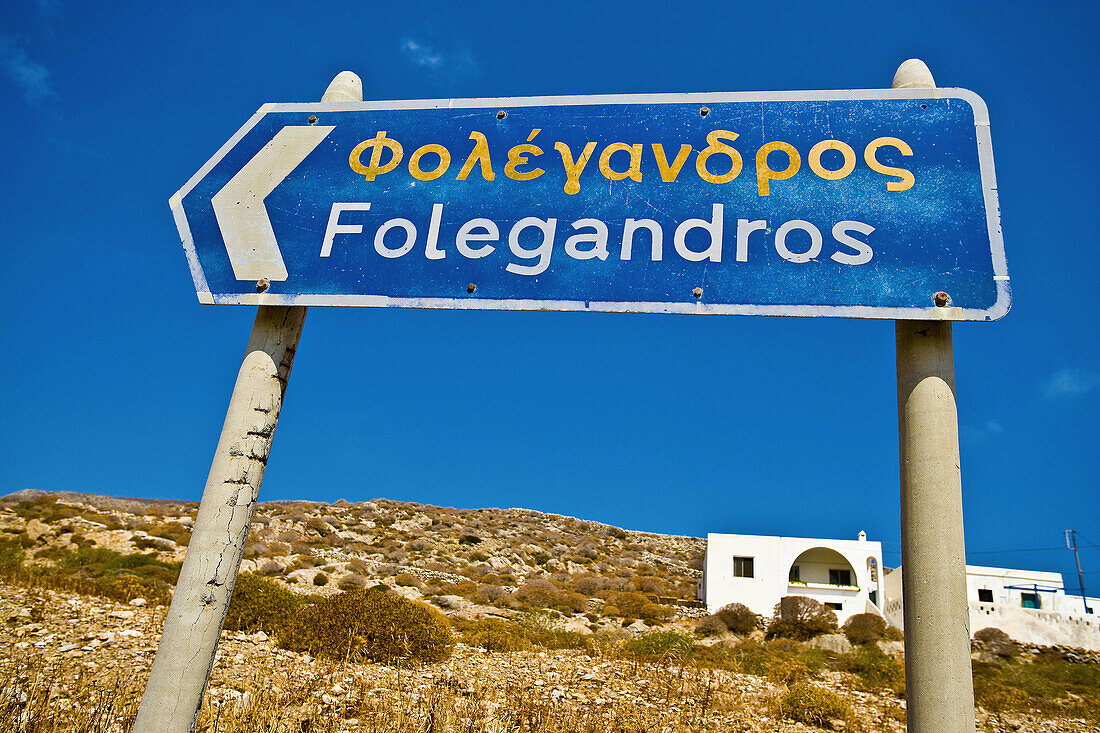 island of Folegandros, Cyclades, Greece. Greek sign for the center of the island.