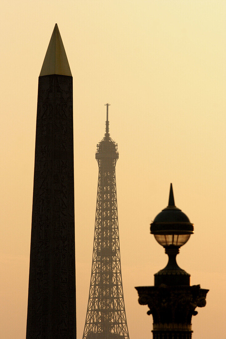 The view of Eiffel Tower with the Luxor Obelisk in foreground from Place de la Concorde. Paris. France
