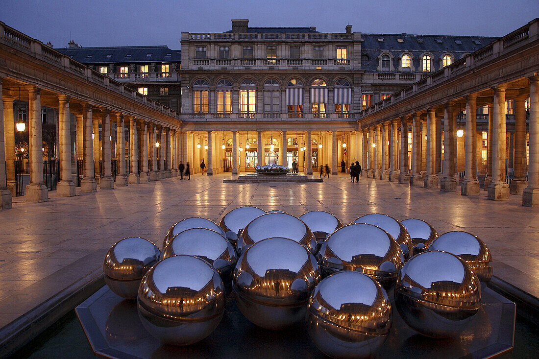 The night view of the courtyard of Palais Royal. Paris. France