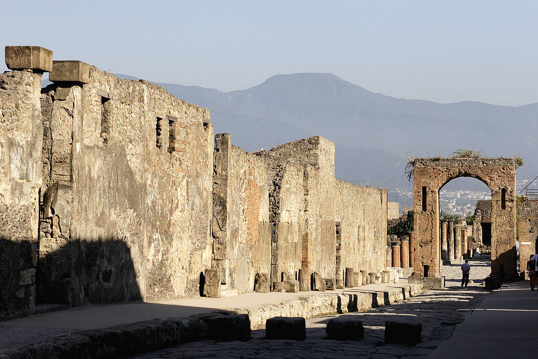 The main avenue of ancient ruin city of Pompei. Campania. Italy