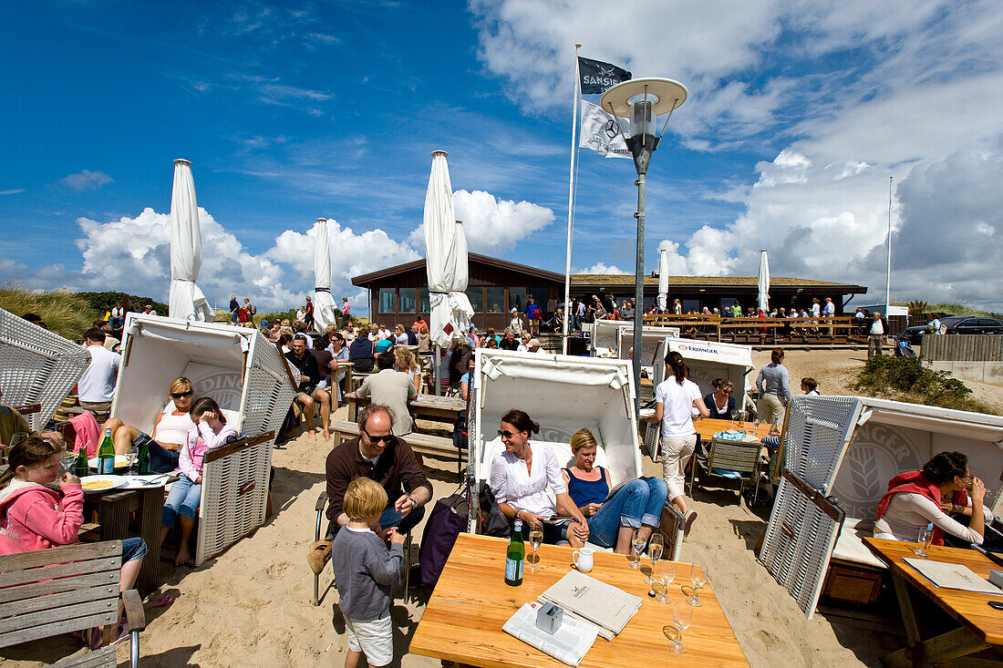 Beach bar Sansibar with beach chairs, Rantum, Sylt Island, Schleswig-Holstein, Germany