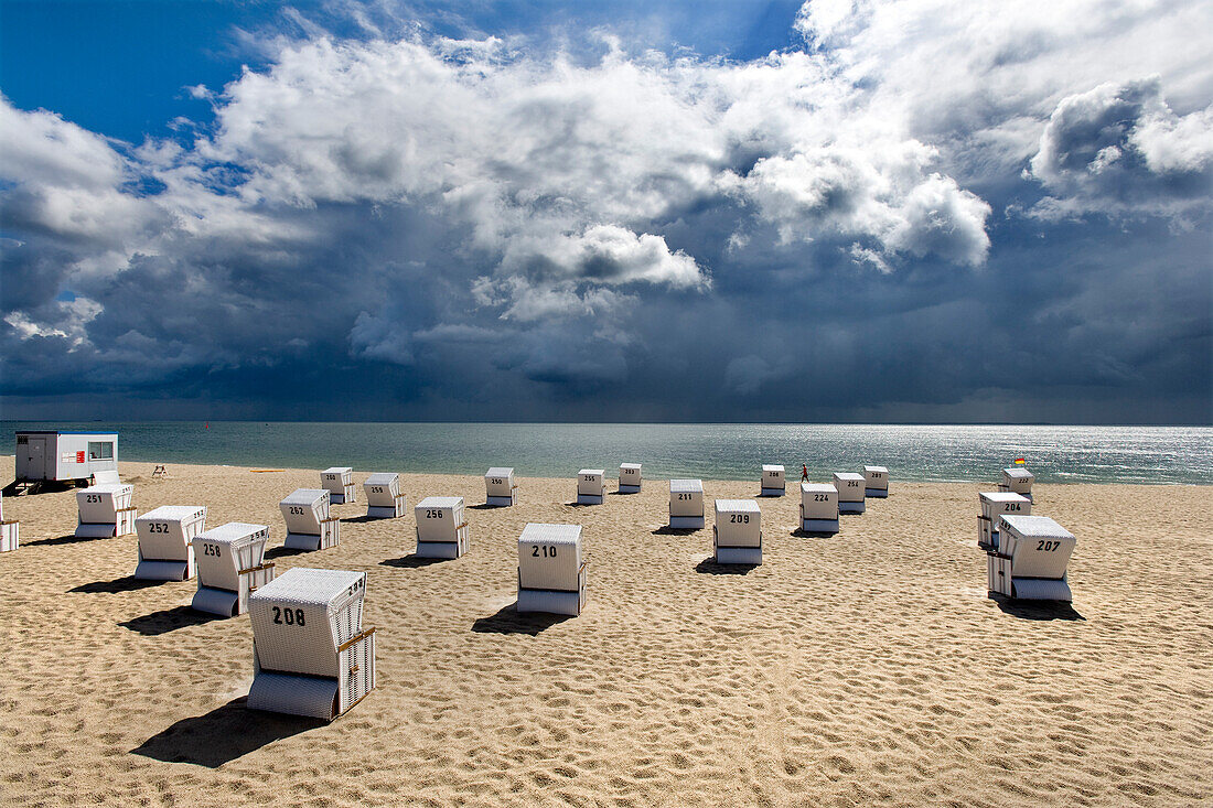 Beach chairs on beach of Hornum, Sylt Island, Schleswig-Holstein, Germany