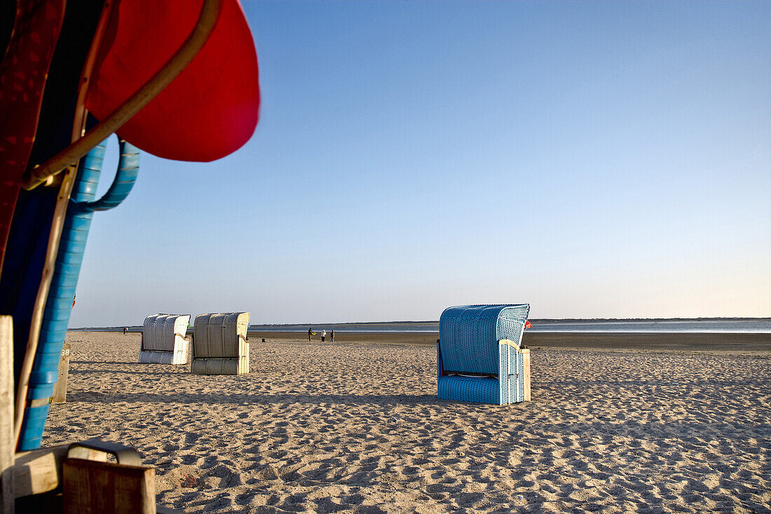 Beach chairs at beach of Utersum, Foehr island, North Frisian Islands, Schleswig-Holstein, Germany
