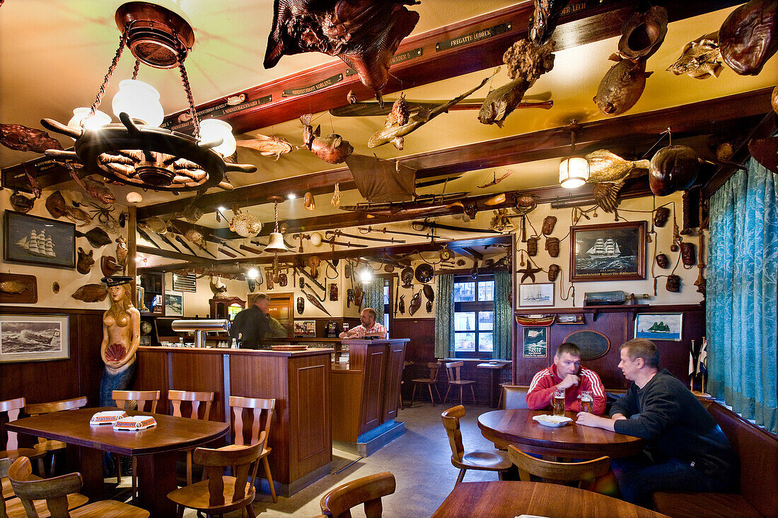 Guests in an old fishermens bar, Wyk, Foehr island, North Frisian Islands, Schleswig-Holstein, Germany