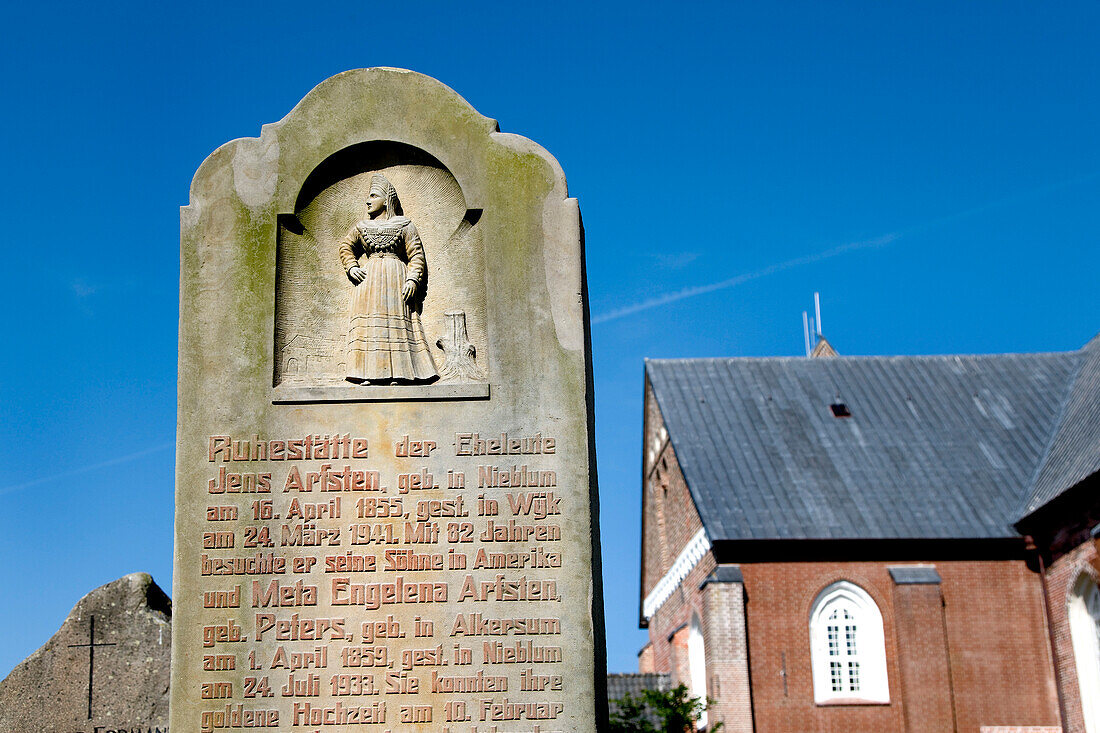 Gravestone at churchyard, Nieblum, Foehr island, North Frisian Islands, Schleswig-Holstein, Germany