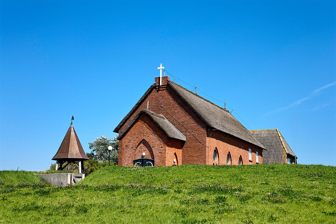 Kirche auf der Kirchwarft, Hallig Langeneß, Nordfriesland, Schleswig-Holstein, Deutschland