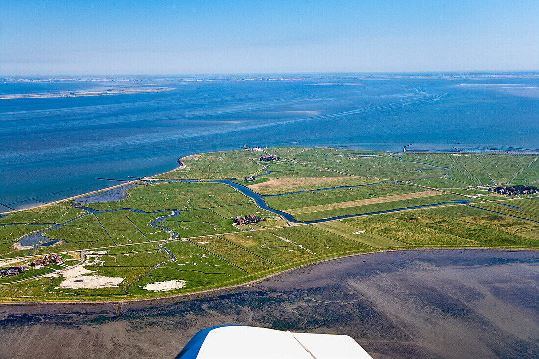 Aerial shot of Hooge hallig, North Frisian Islands, Schleswig-Holstein, Germany