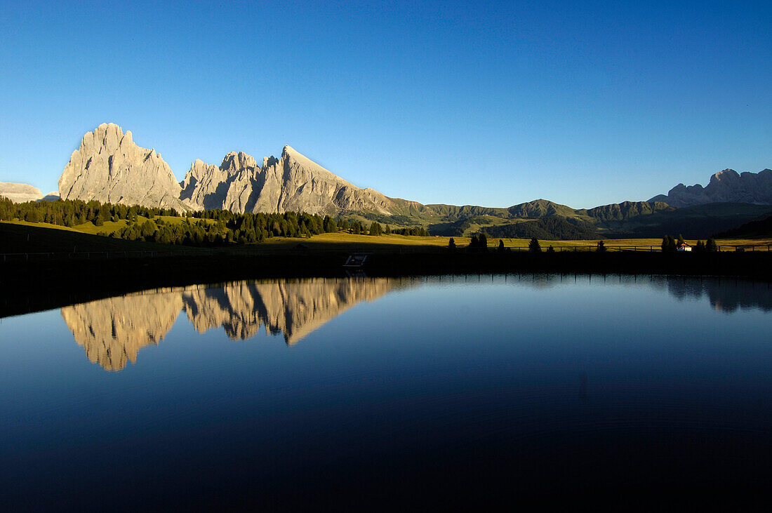 Mountain lake under blue sky, Alpe di Siusi, Valle Isarco, South Tyrol, Italy, Europe