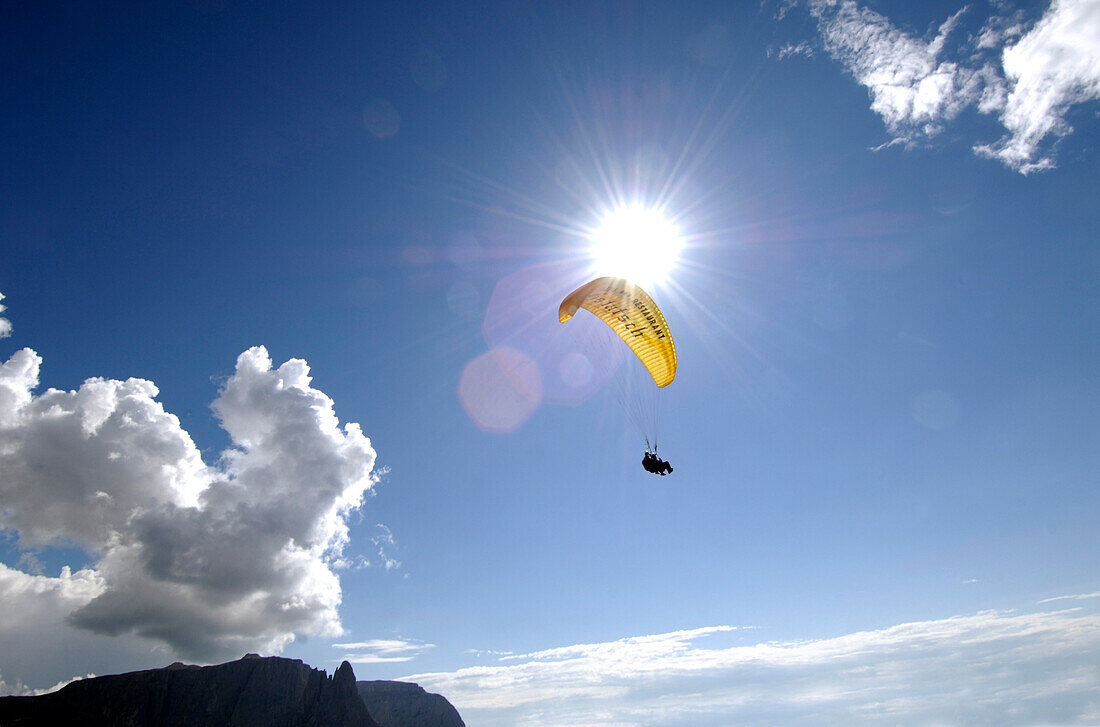 Paraglider in front of blue sky, South Tyrol, Italy, Europe