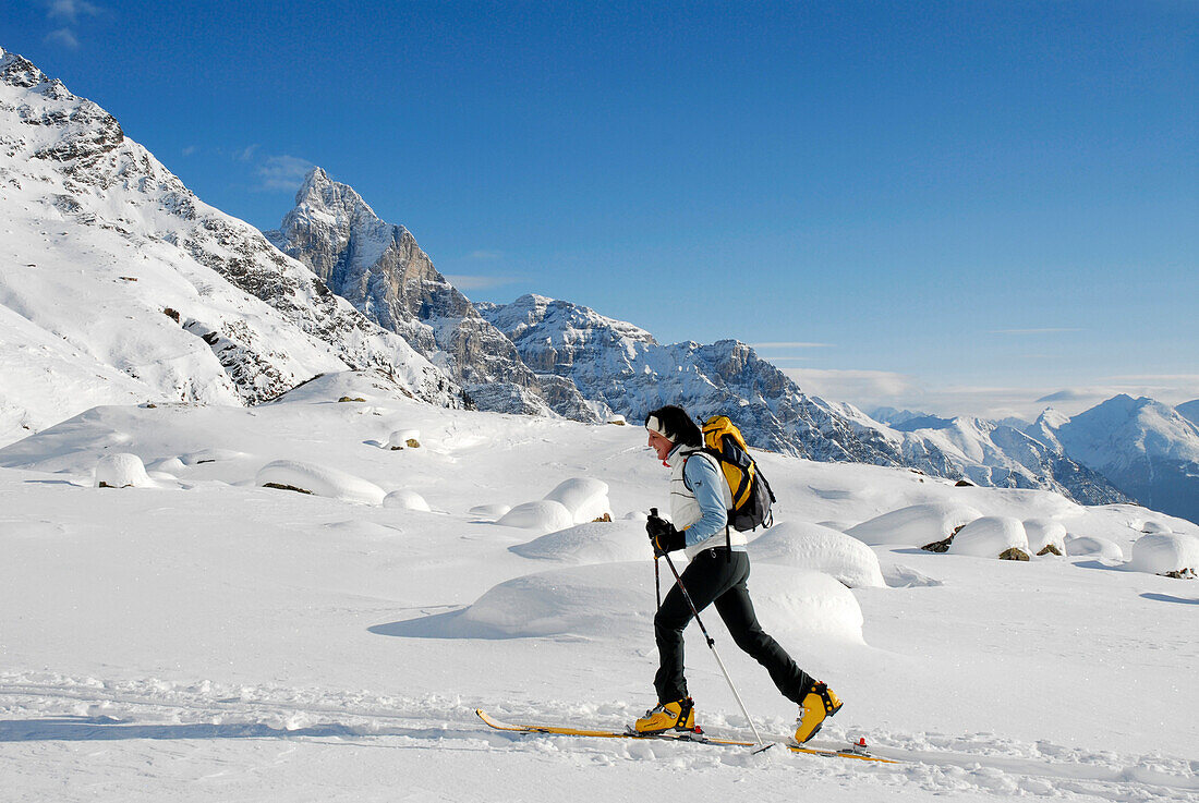 Cross-country skier in a winter landscape under blue sky, Pflerscher valley, South Tyrol, Italy, Europe