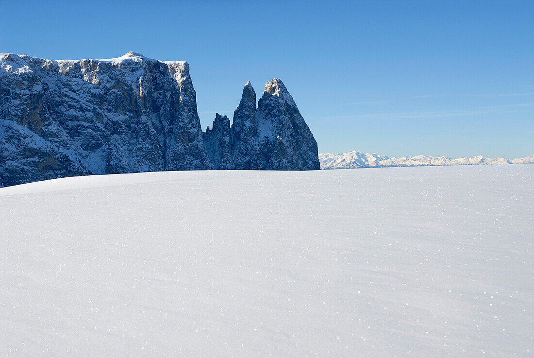 Mountains and winter landscape under blue sky, Sciliar, Dolomites, South Tyrol, Italy, Europe