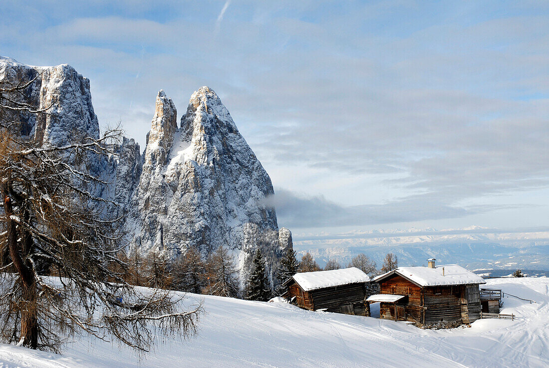 Alpine huts in front of snow covered mountains, Alpe di Siusi, South Tyrol, Italy, Europe