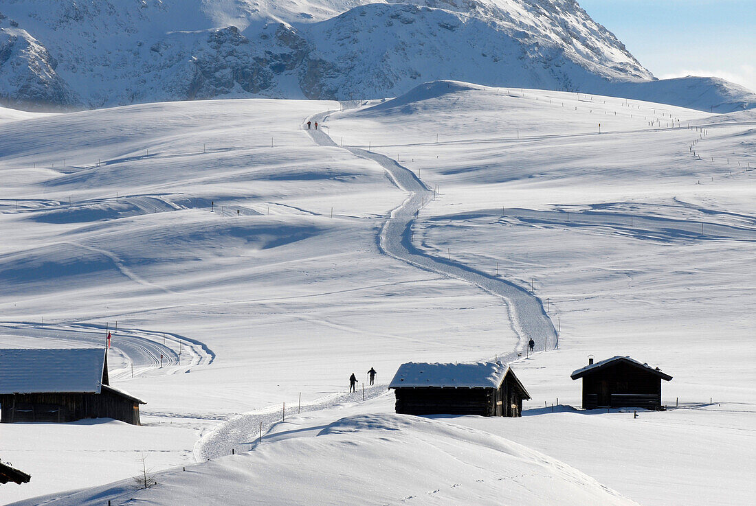 Almhütten neben einer Loipe in verschneiter Winterlandschaft, Seiser Alm, Südtirol, Italien, Europa